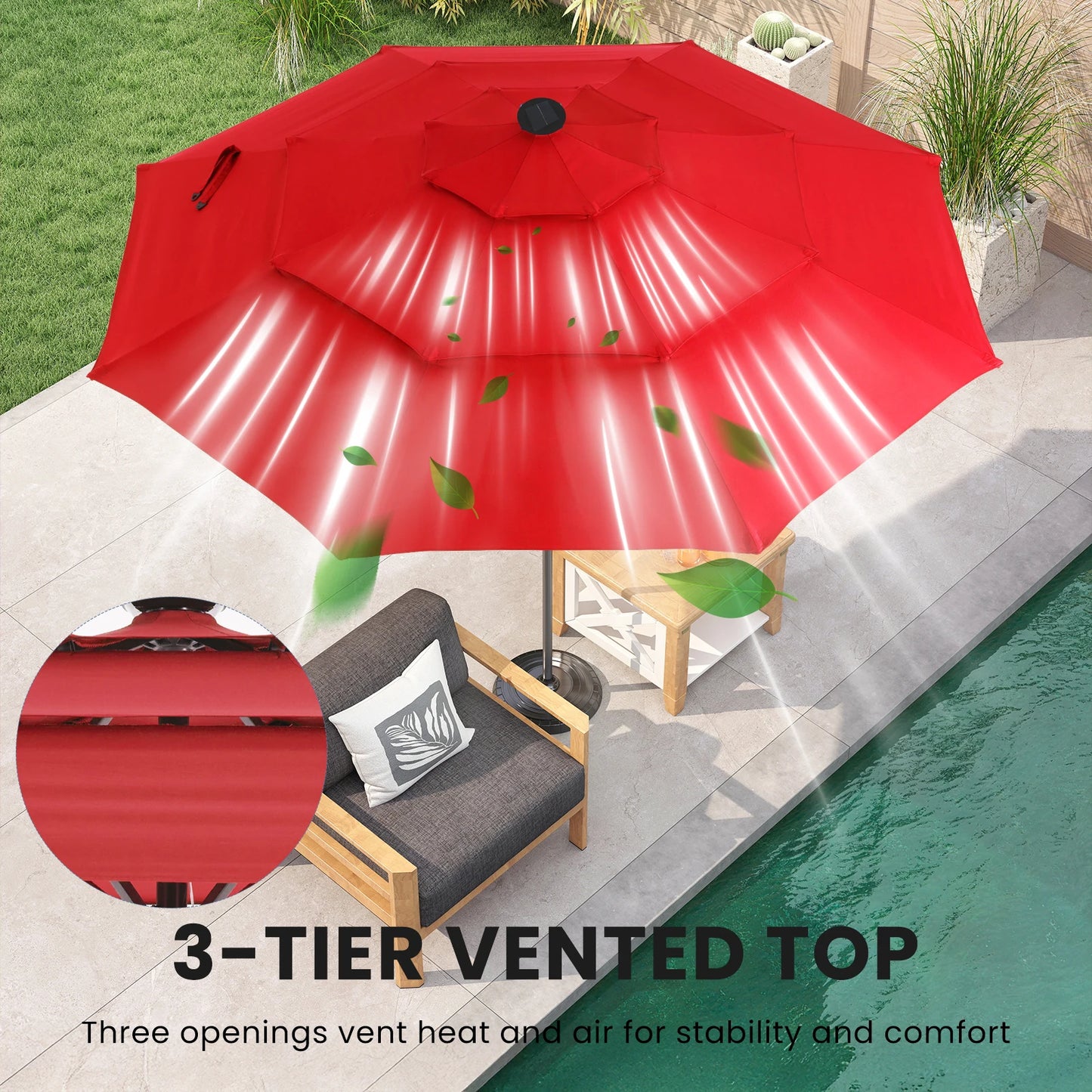 Solar Patio Umbrella With LED Lights And Tilt Adjustment
