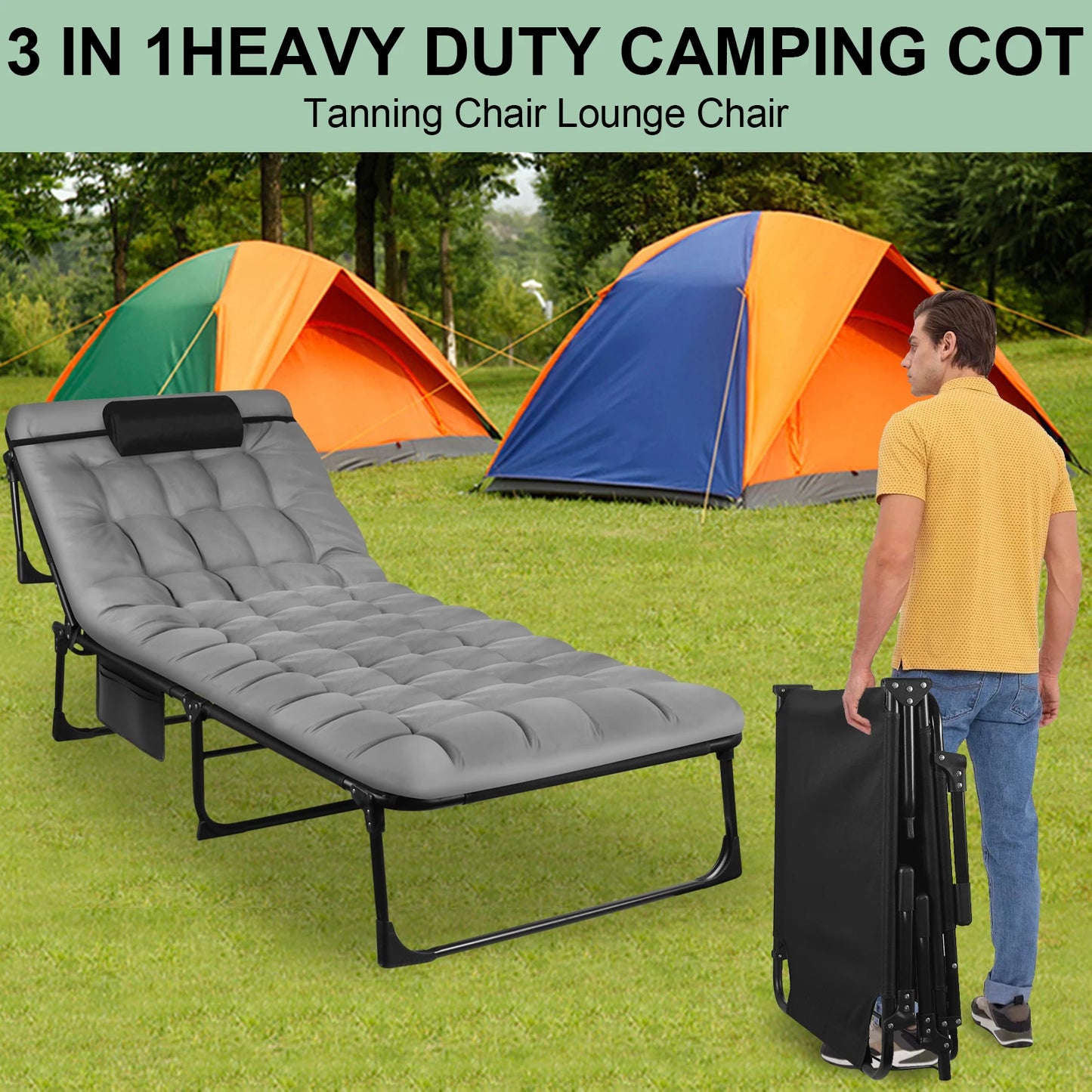 Portable Folding Camping Cot With 3 Position Recline