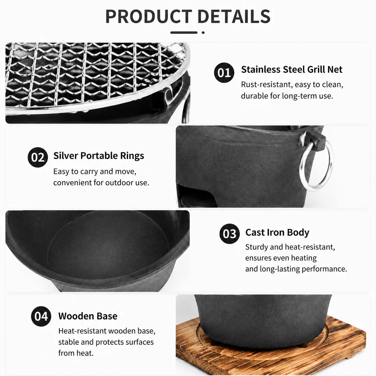 KL1 Portable Charcoal Grill Cast Iron Body Removable Grill
