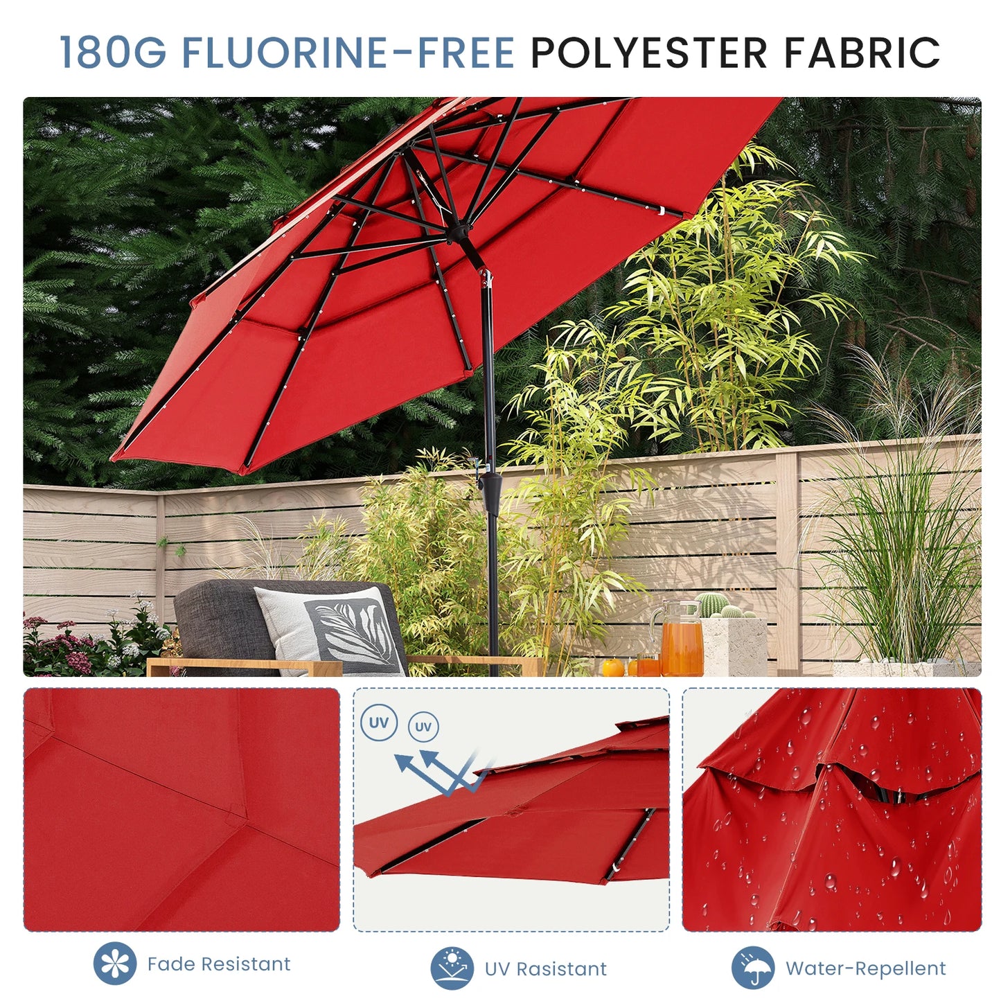 Solar Patio Umbrella With LED Lights And Tilt Adjustment