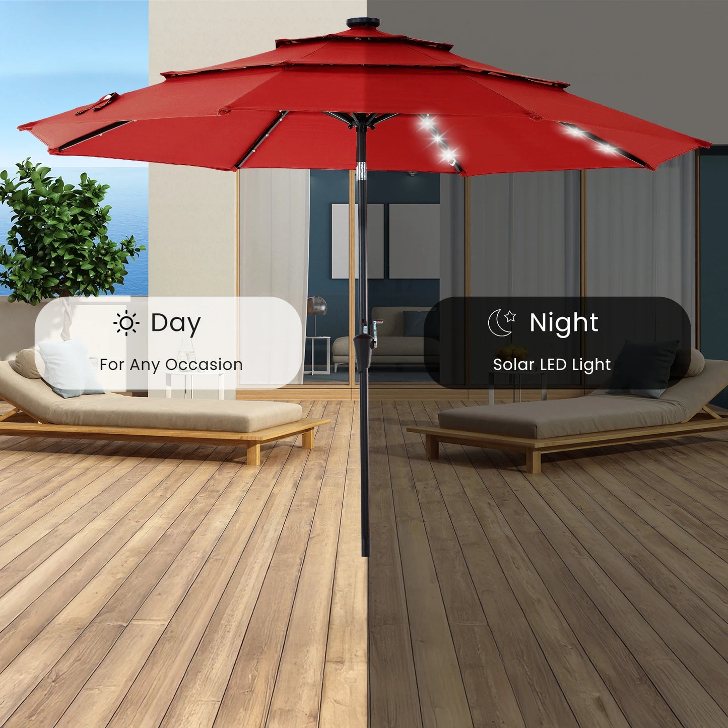 Solar Patio Umbrella With LED Lights And Tilt Adjustment