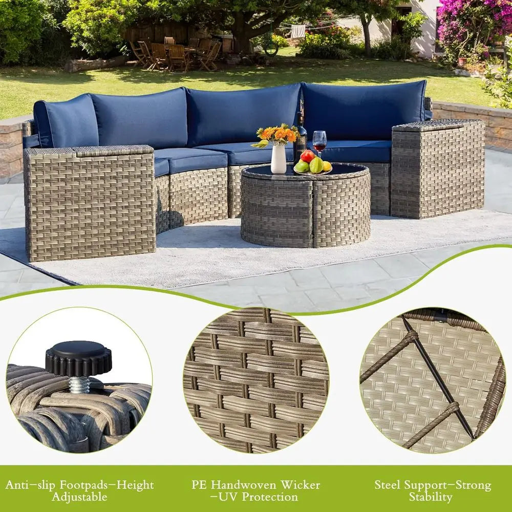 Outdoor Wicker Patio Sectional Set With Round Glass Table