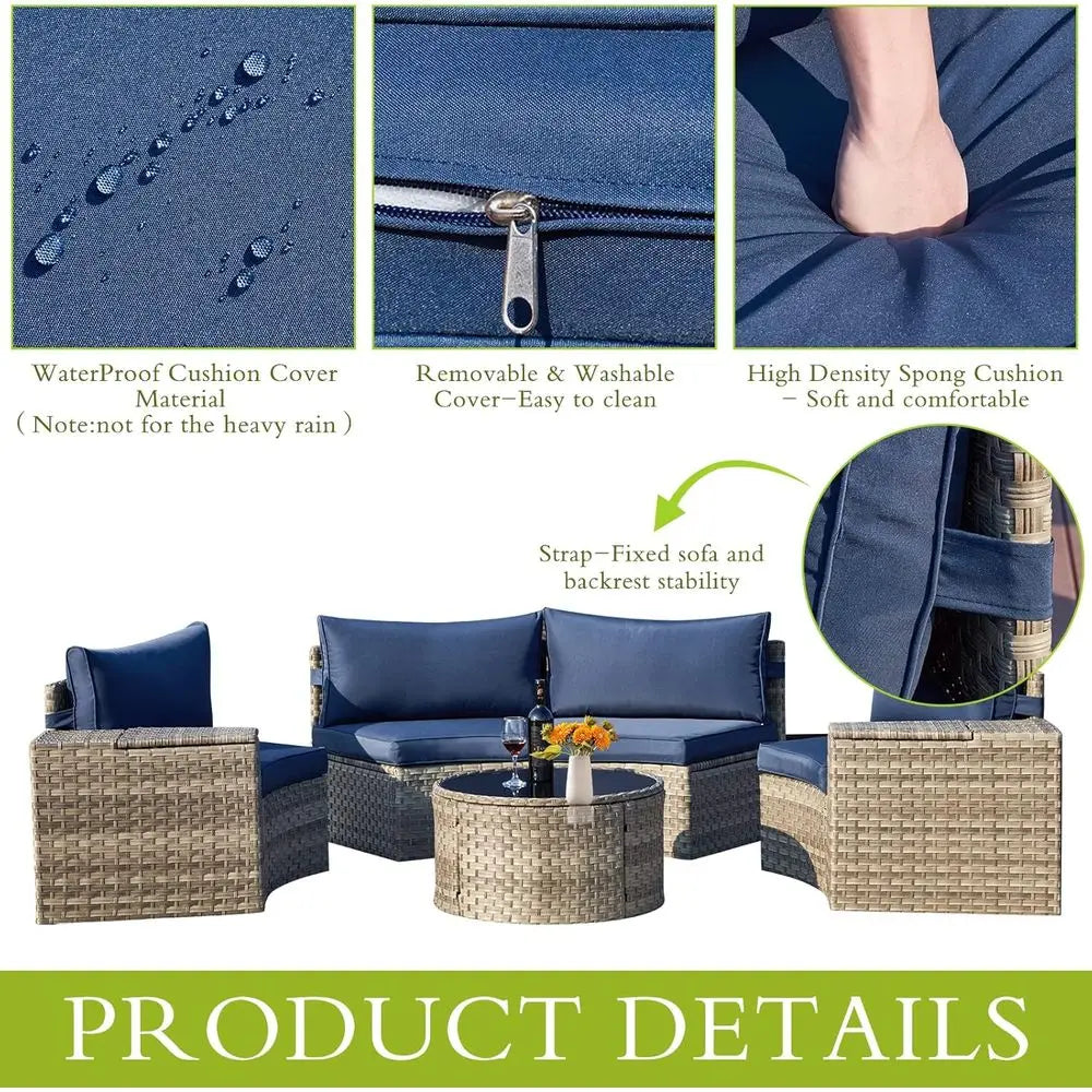 Outdoor Wicker Patio Sectional Set With Round Glass Table