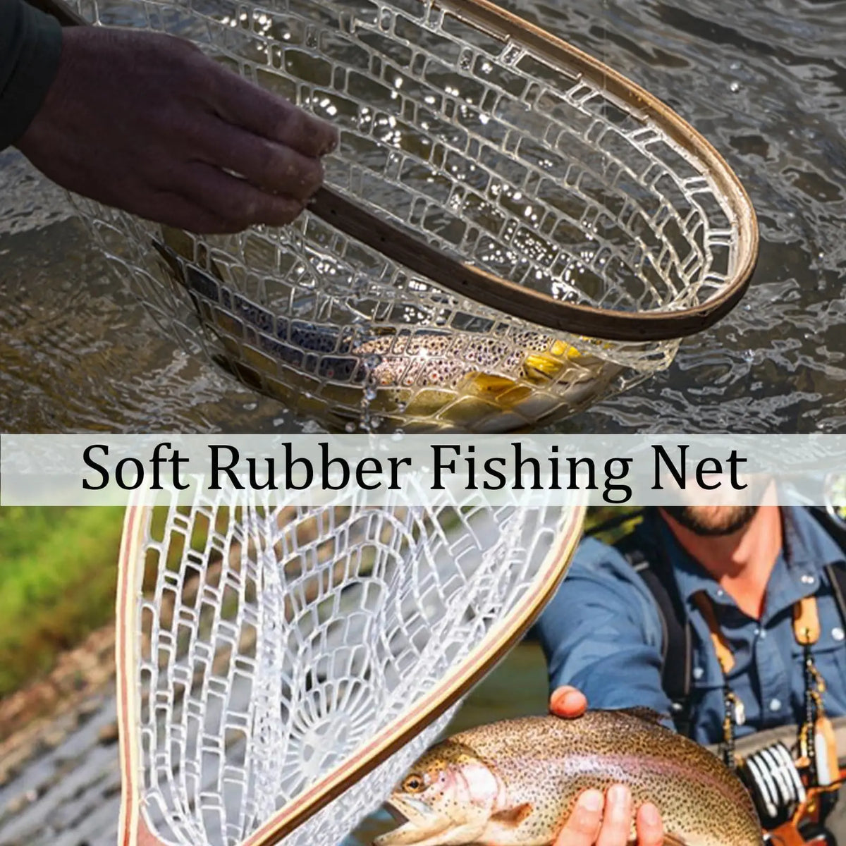 Wooden Fly Fishing Landing Net With Knotless Rubber Mesh