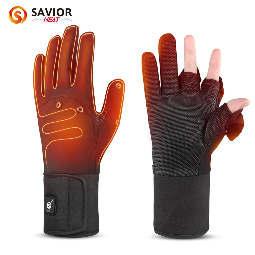 Savior Heated Fishing Gloves Waterproof Windproof Two Finger