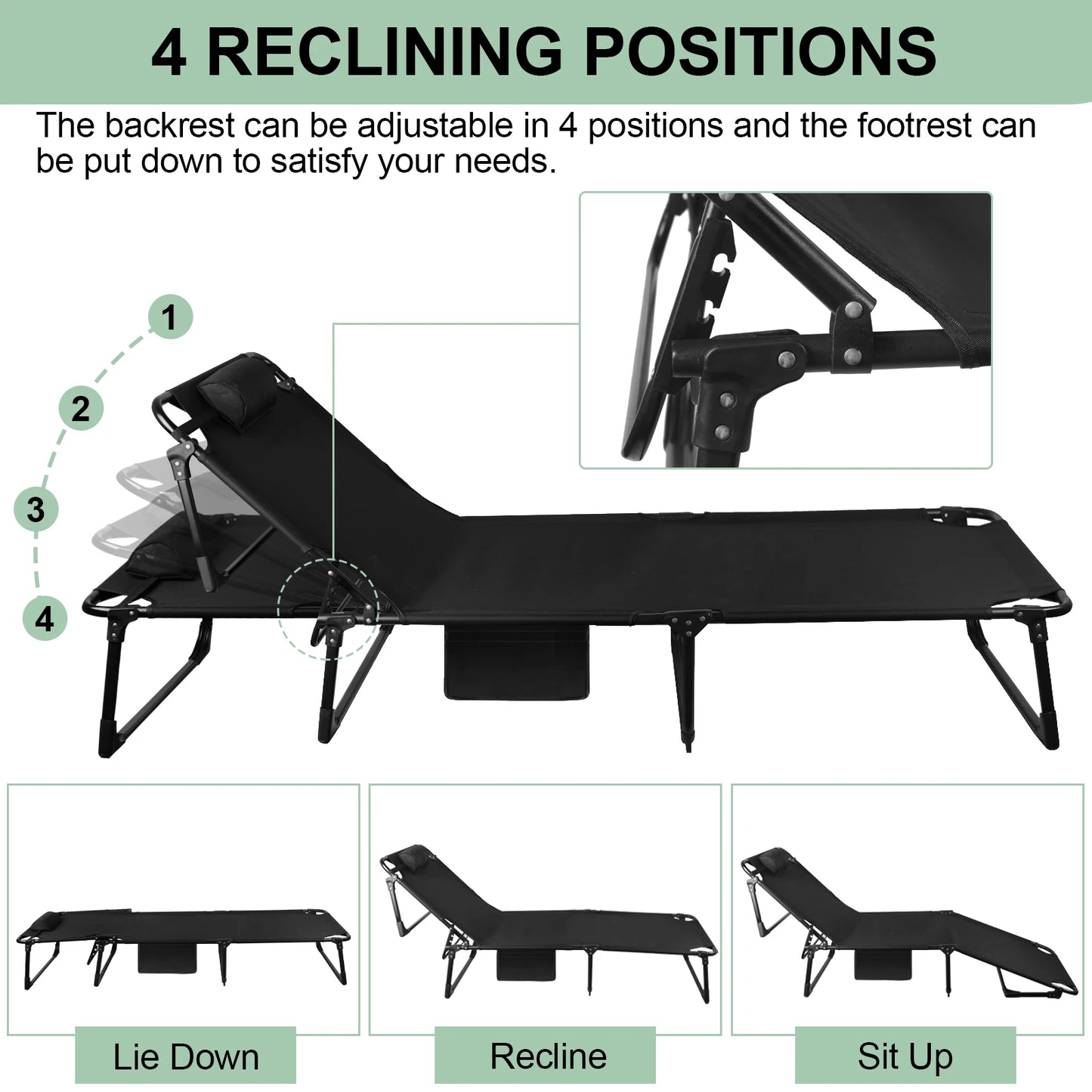 Portable Folding Camping Cot With 3 Position Recline