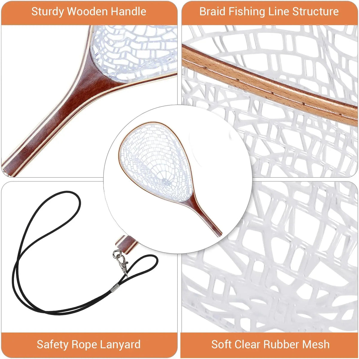 Wooden Fly Fishing Landing Net With Knotless Rubber Mesh