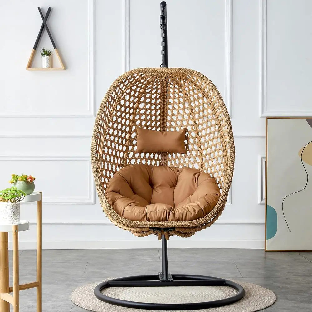 PE Rattan Hanging Egg Chair With Cushion And Metal Stand