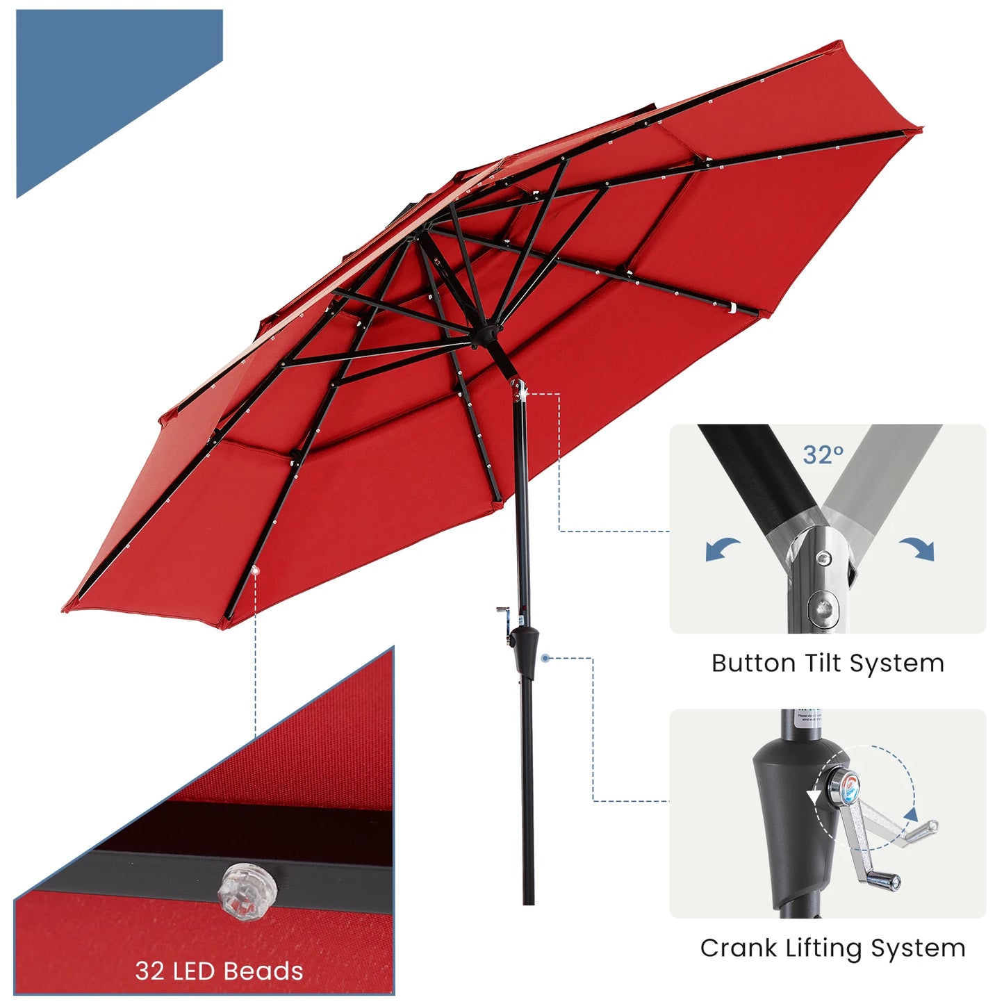 Solar Patio Umbrella With LED Lights And Tilt Adjustment