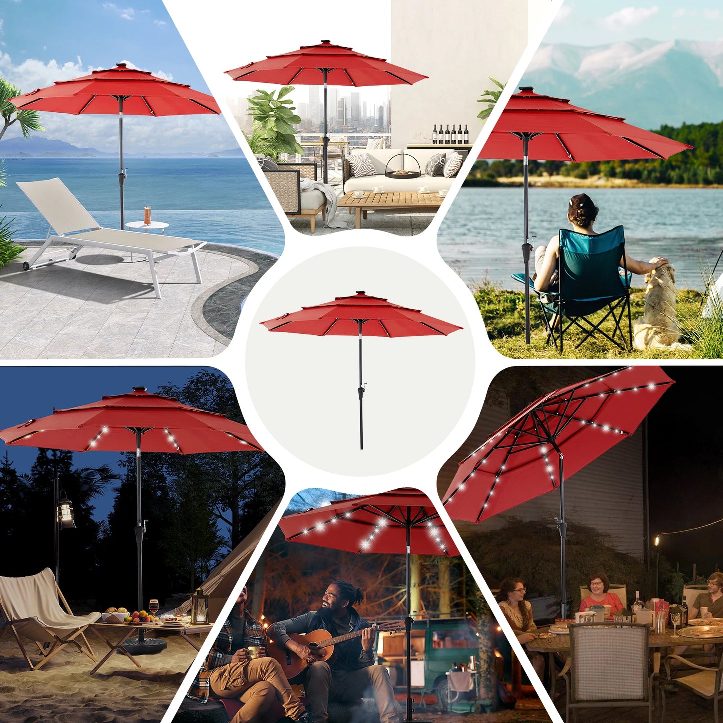 Solar Patio Umbrella With LED Lights And Tilt Adjustment