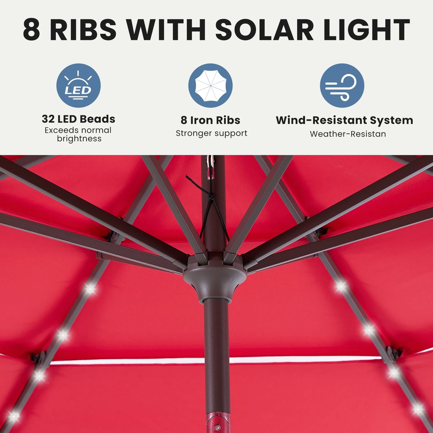 Solar Patio Umbrella With LED Lights And Tilt Adjustment