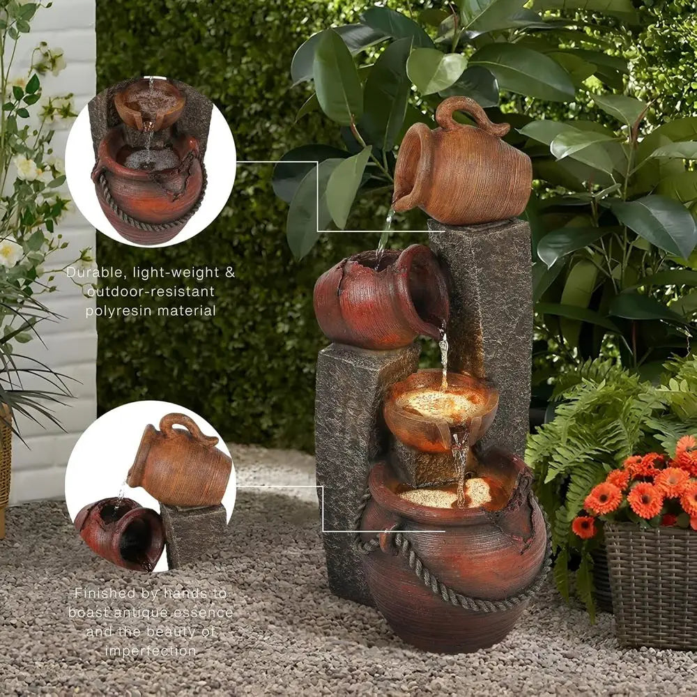 Cascading Pitchers Outdoor Water Fountain With Lights