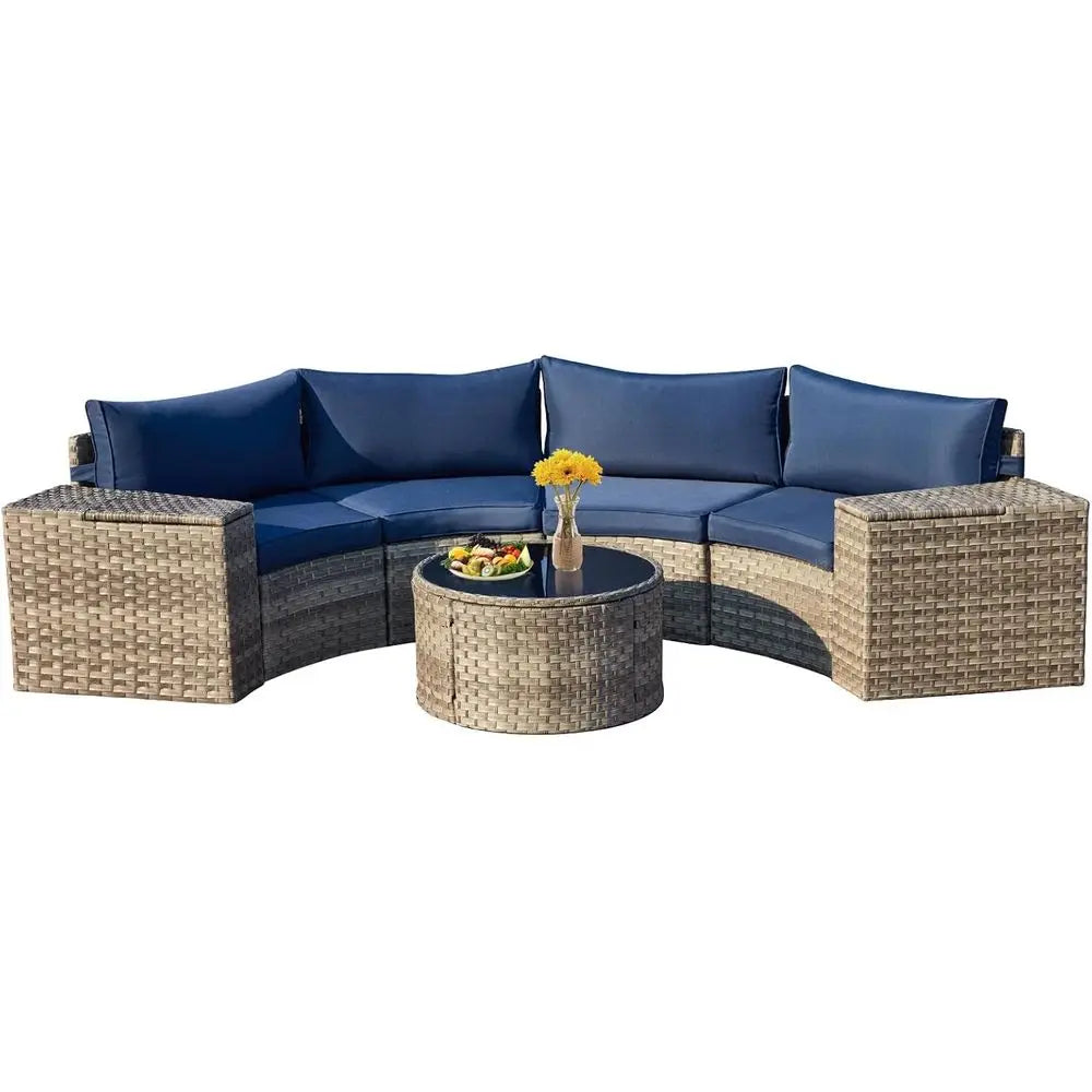 Outdoor Wicker Patio Sectional Set With Round Glass Table