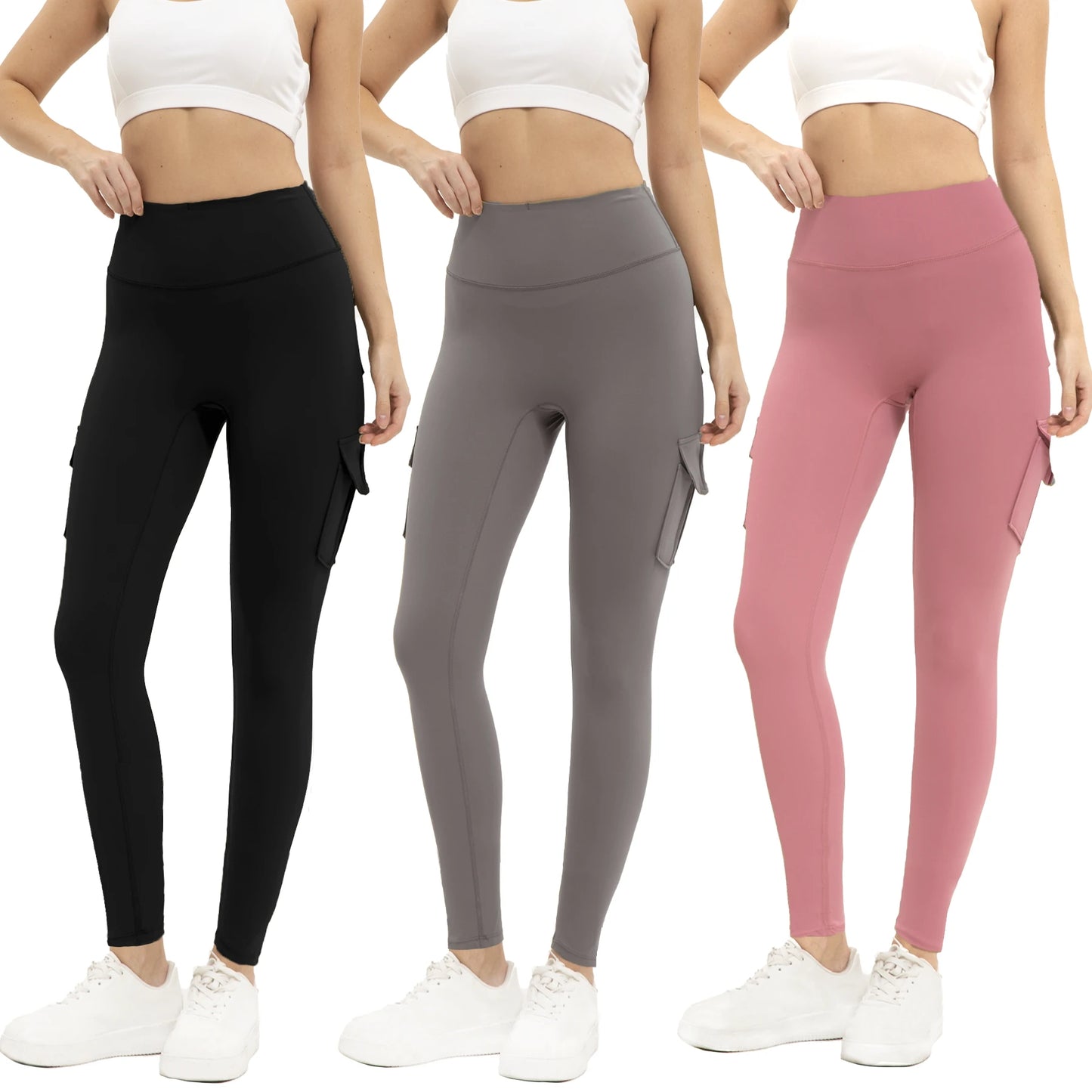 Womens High Waist Gym Leggings With Pockets Three Pack