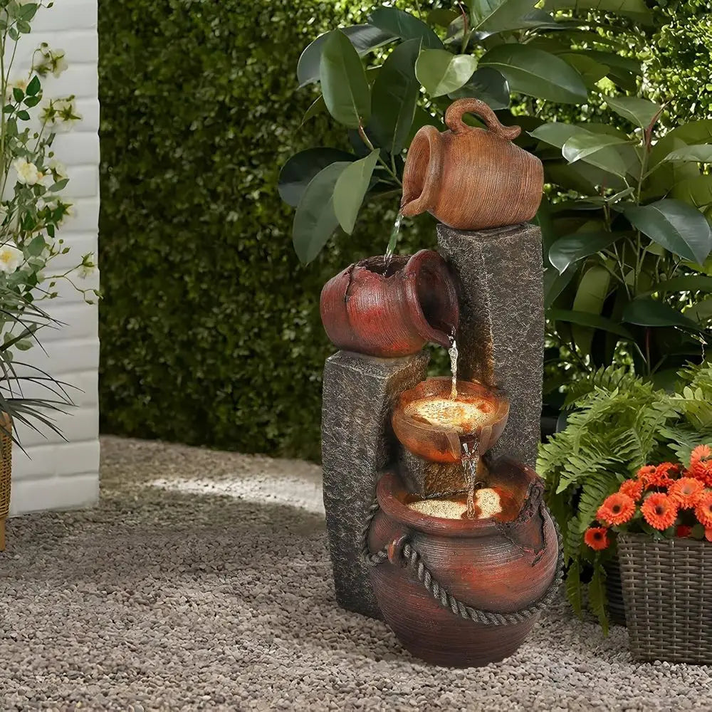 Cascading Pitchers Outdoor Water Fountain With Lights