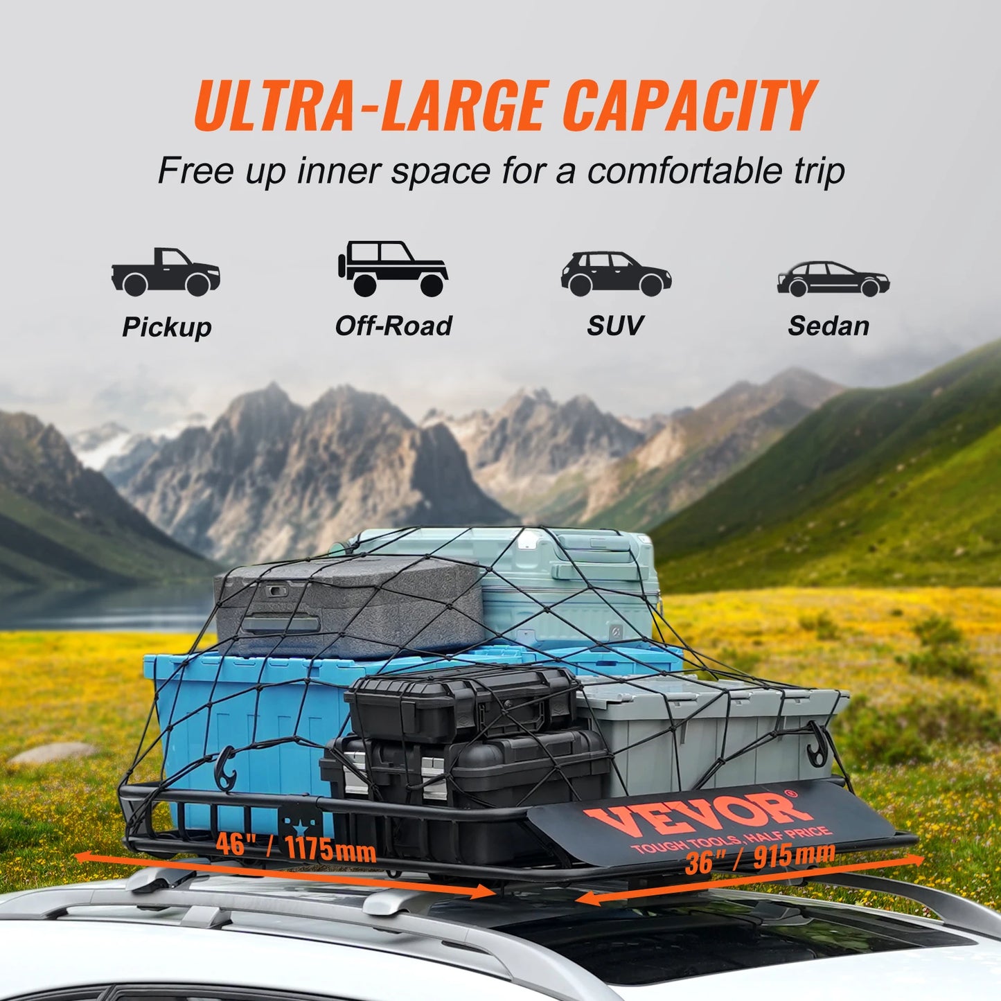 VEVOR Roof Cargo Basket 200 Lbs Capacity For SUV Truck