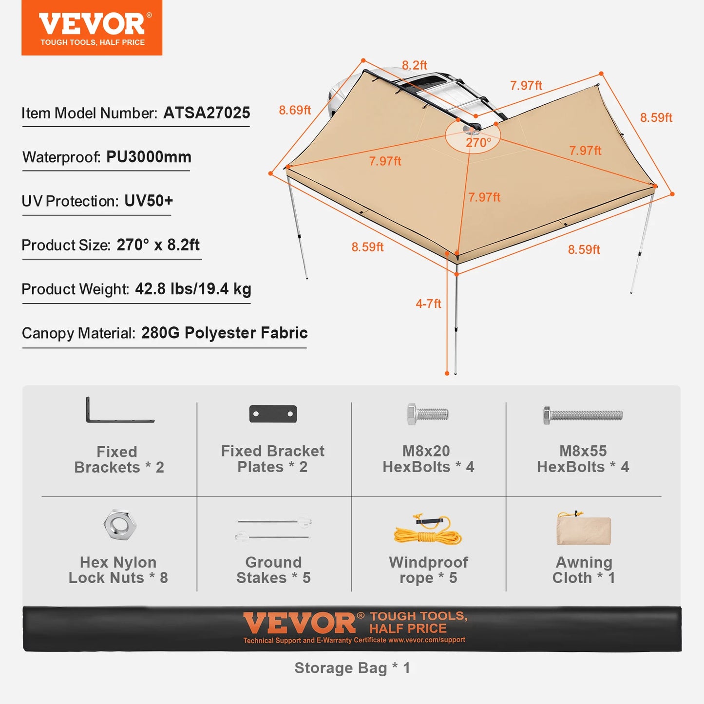 Retractable Vehicle Awning With Waterproof Storage Bag