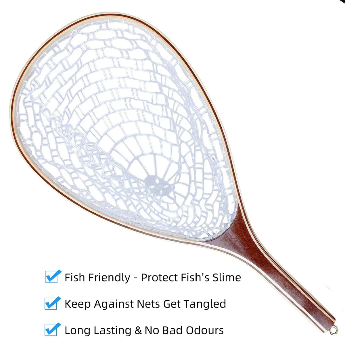 Wooden Fly Fishing Landing Net With Knotless Rubber Mesh