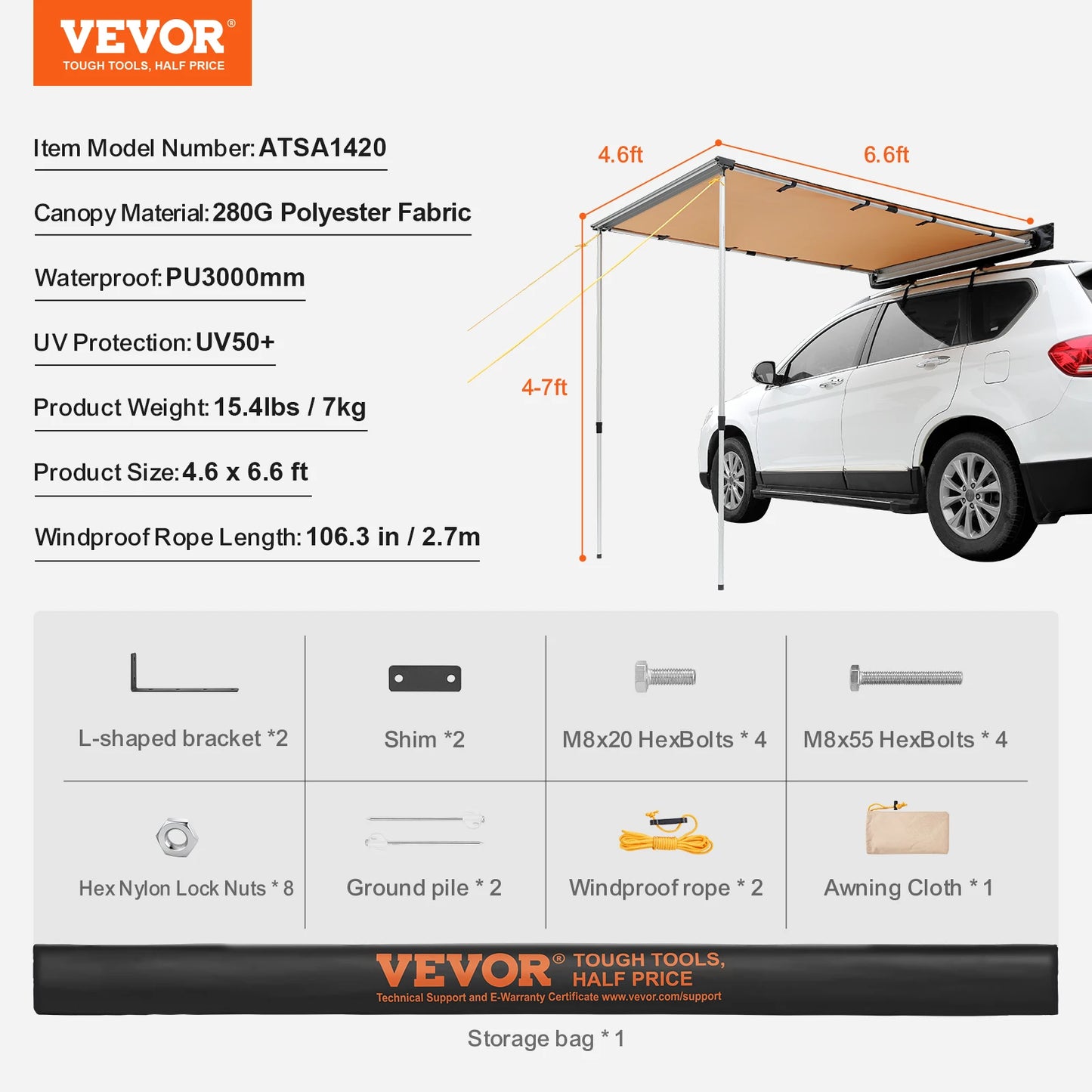 Retractable Vehicle Awning With Waterproof Storage Bag