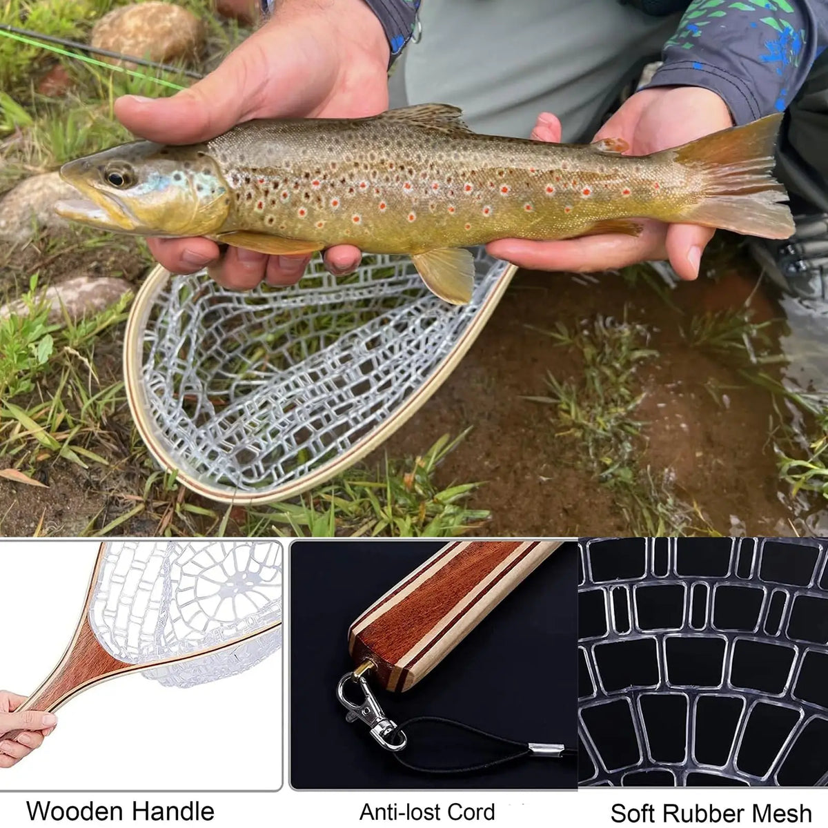 Wooden Fly Fishing Landing Net With Knotless Rubber Mesh
