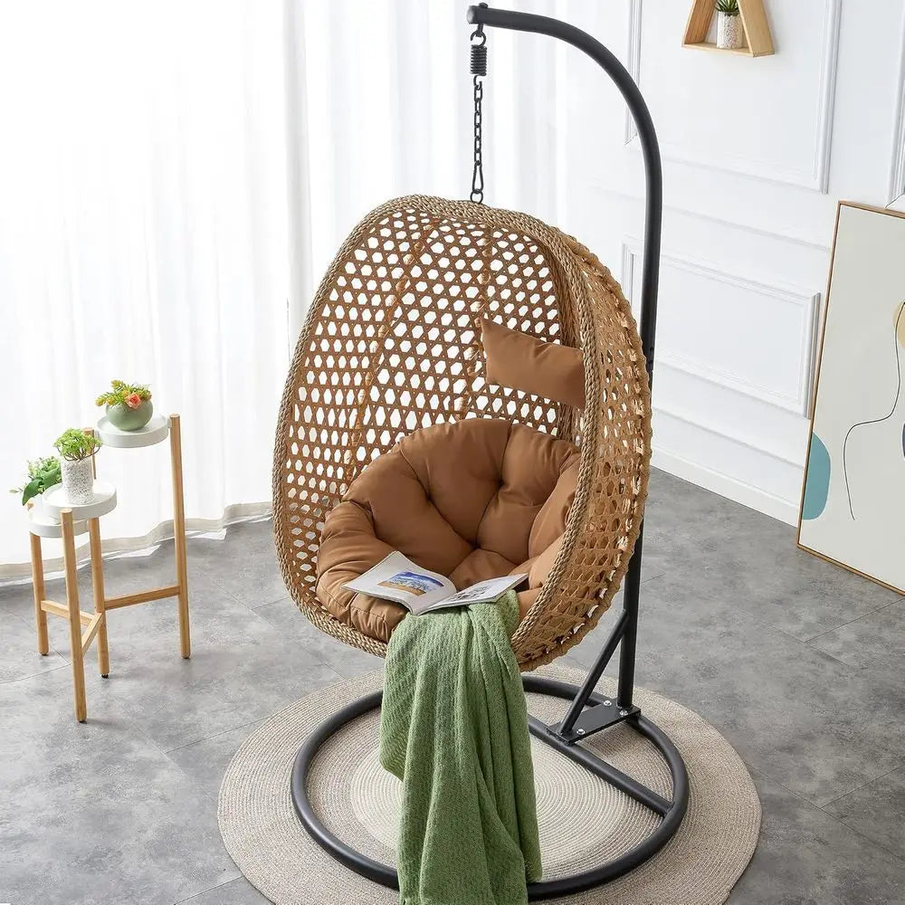 PE Rattan Hanging Egg Chair With Cushion And Metal Stand