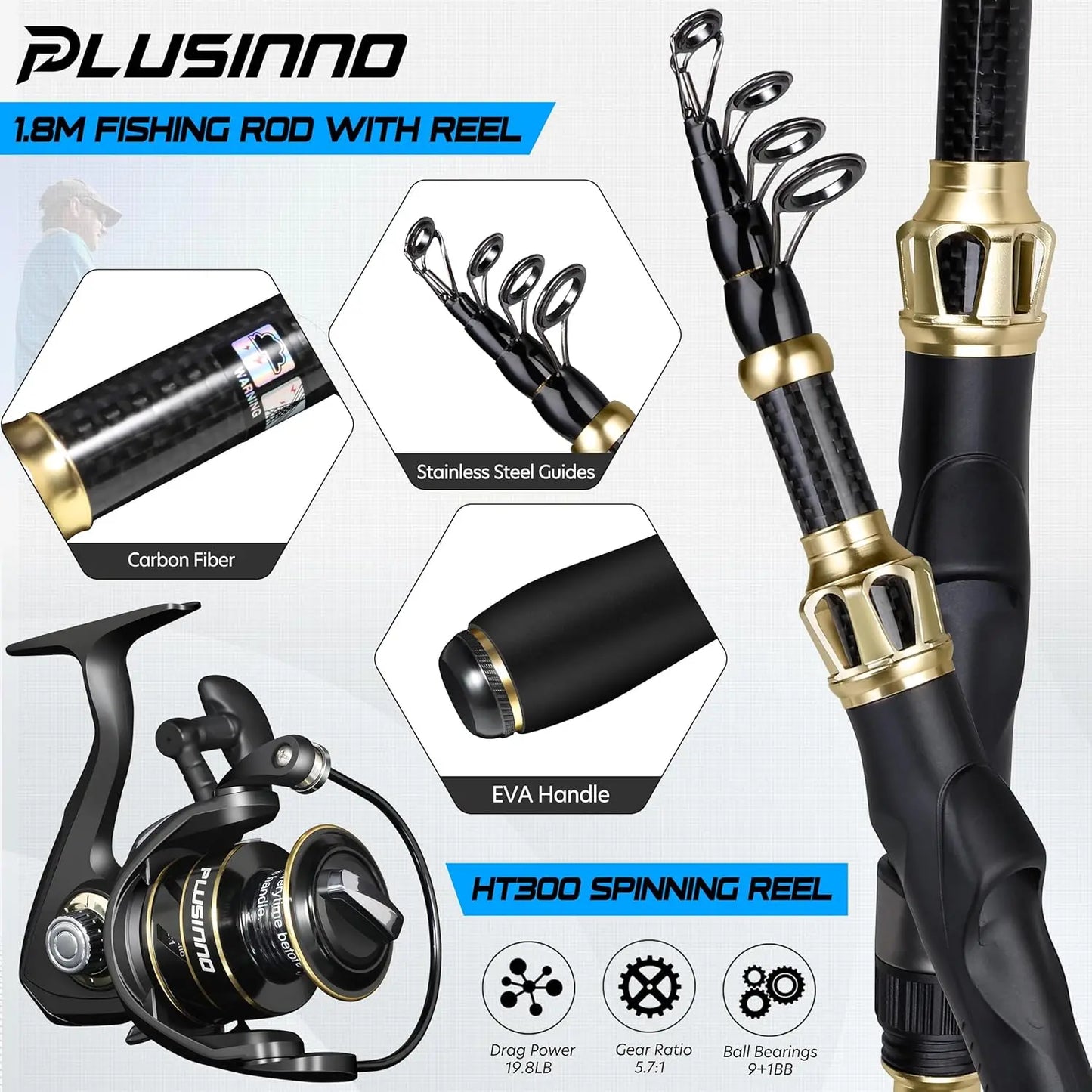YTYIN Carbon Spinning Fishing Rod And Reel Combo Kit