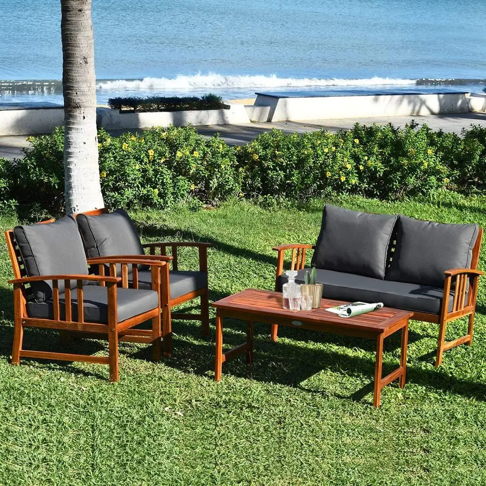 4 Piece Acacia Wood Patio Furniture Set With Coffee Table
