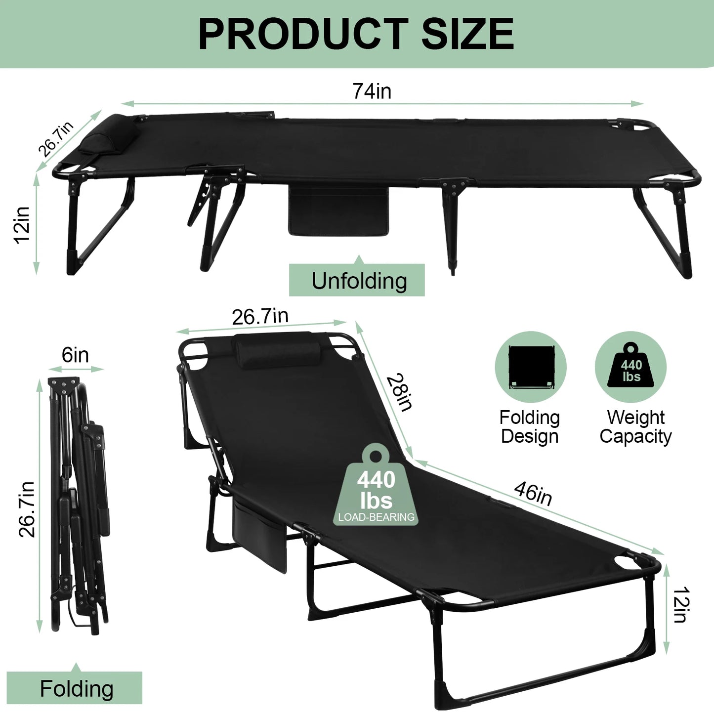 Portable Folding Camping Cot With 3 Position Recline