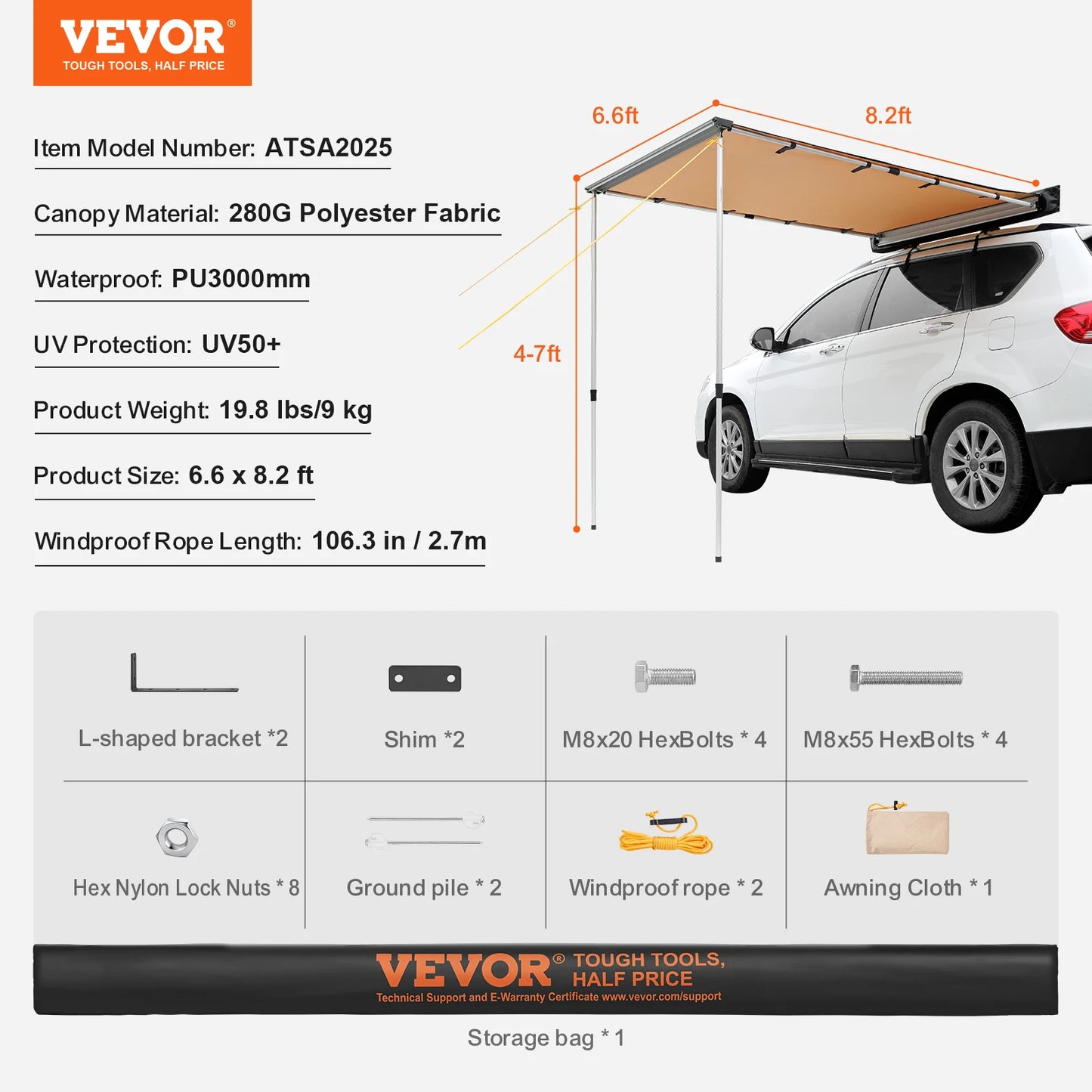 Retractable Vehicle Awning With Waterproof Storage Bag
