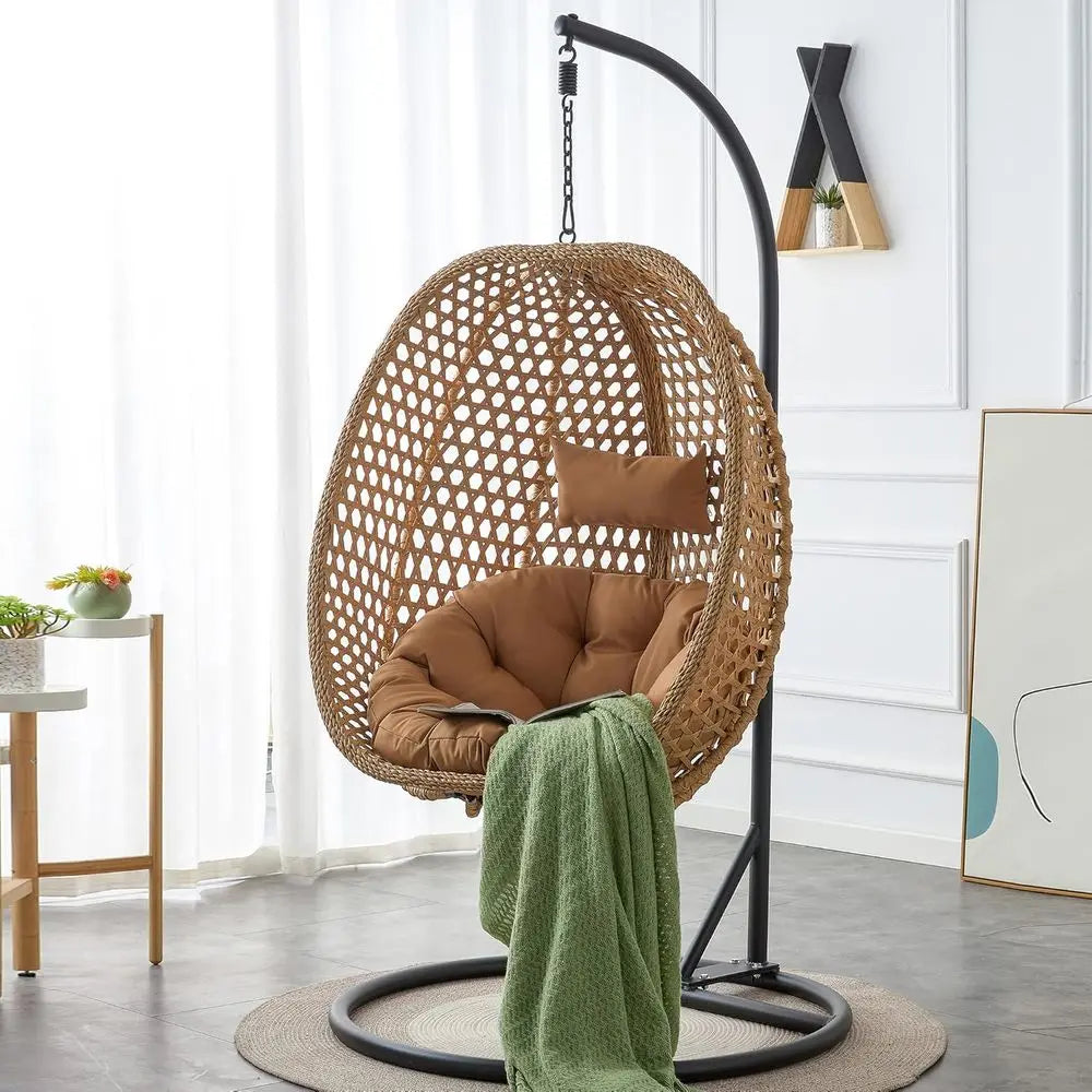 PE Rattan Hanging Egg Chair With Cushion And Metal Stand