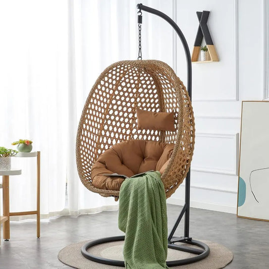 PE Rattan Hanging Egg Chair With Cushion And Metal Stand