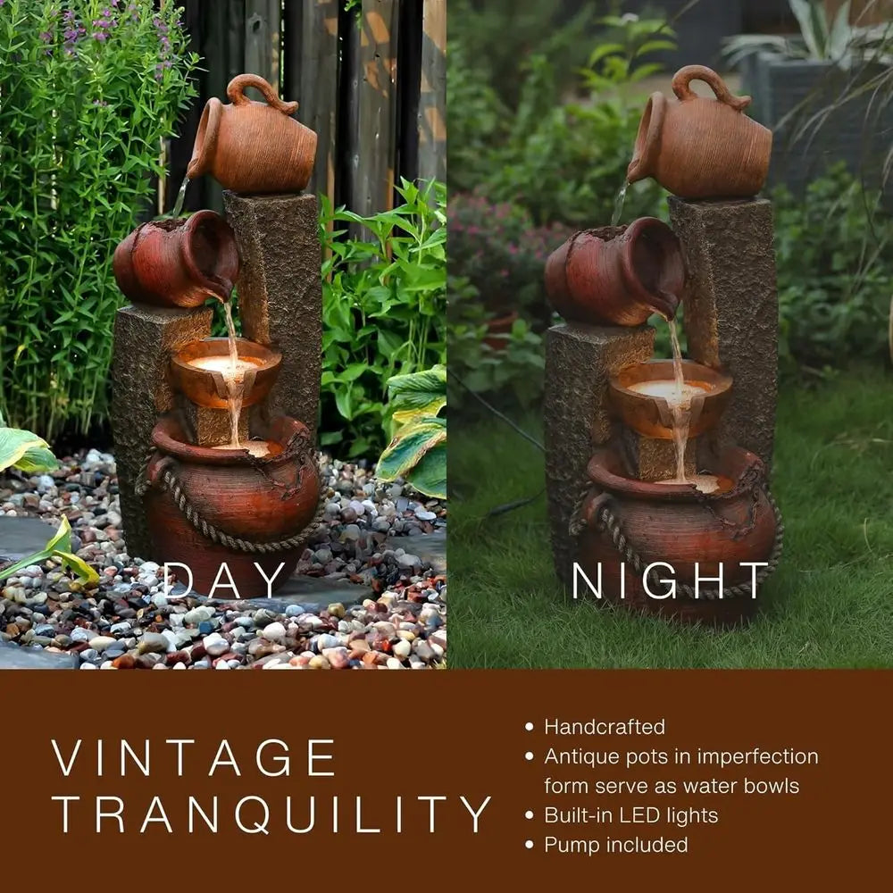 Cascading Pitchers Outdoor Water Fountain With Lights