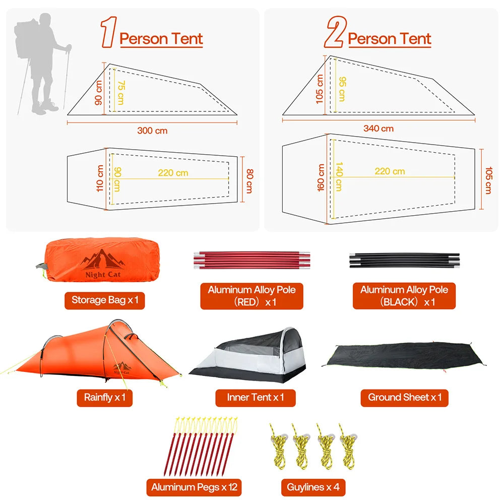 Night Cat Ultralight Backpacking Tunnel Tent Waterproof