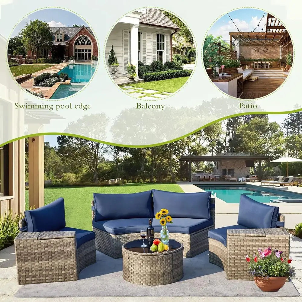 Outdoor Wicker Patio Sectional Set With Round Glass Table