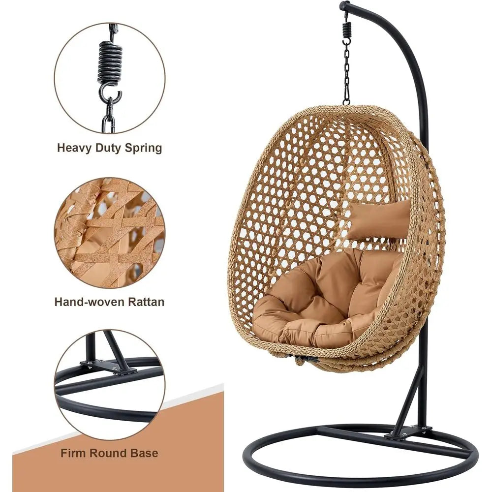 PE Rattan Hanging Egg Chair With Cushion And Metal Stand