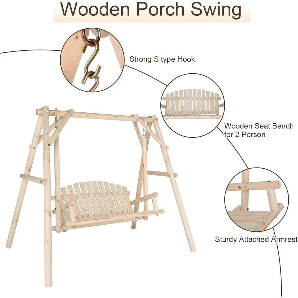 Wood Log Swing Set With Bench Loveseat For Patio