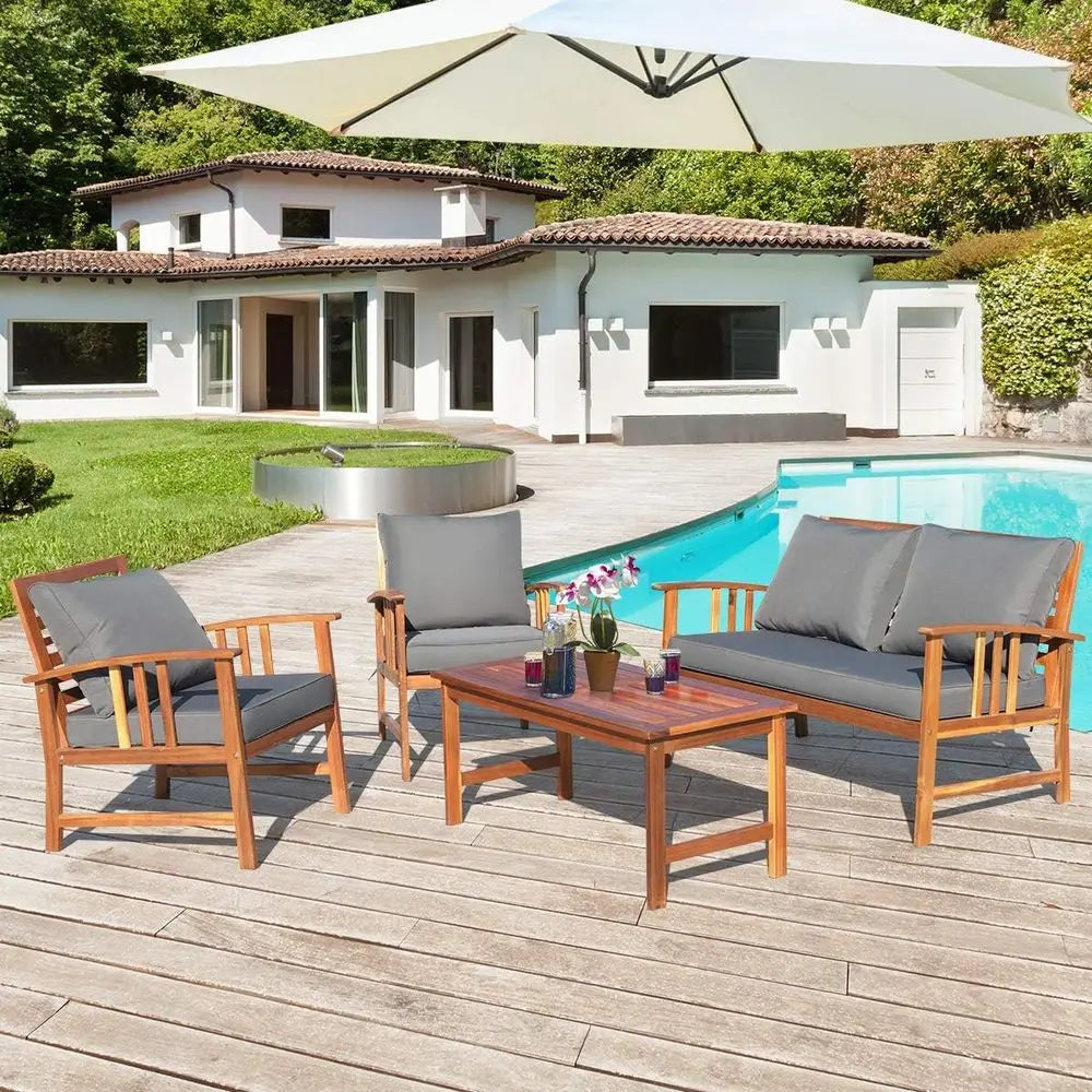4 Piece Acacia Wood Patio Furniture Set With Coffee Table