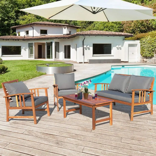 4 Piece Acacia Wood Patio Furniture Set With Coffee Table