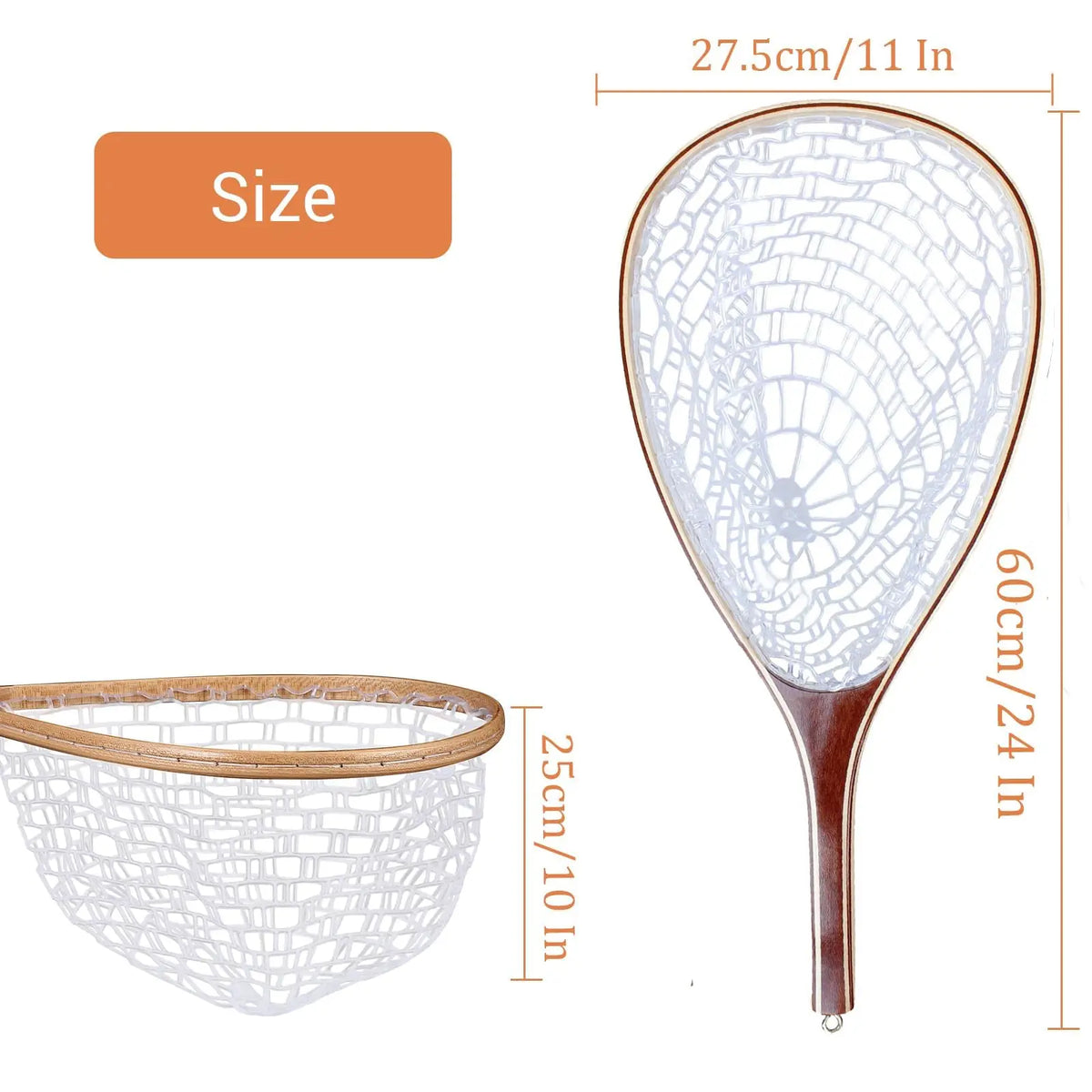 Wooden Fly Fishing Landing Net With Knotless Rubber Mesh