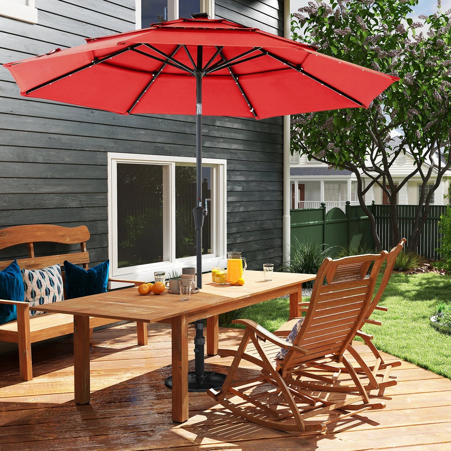 Solar Patio Umbrella With LED Lights And Tilt Adjustment
