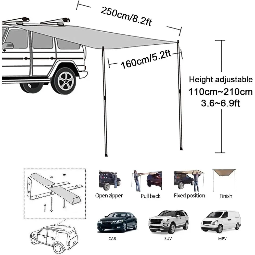 Vehicle Roof Side Awning Sun Shade UV50 Retractable Tent