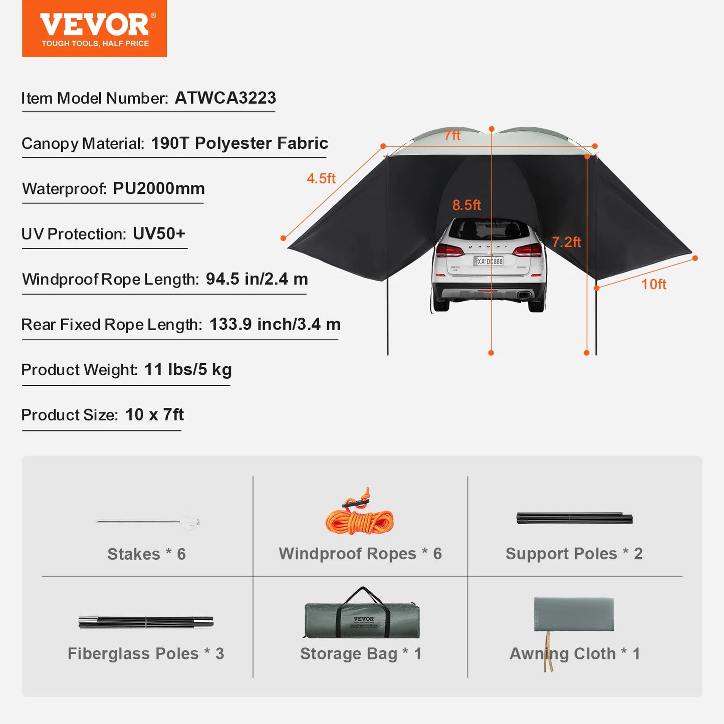 Retractable Vehicle Awning With Waterproof Storage Bag