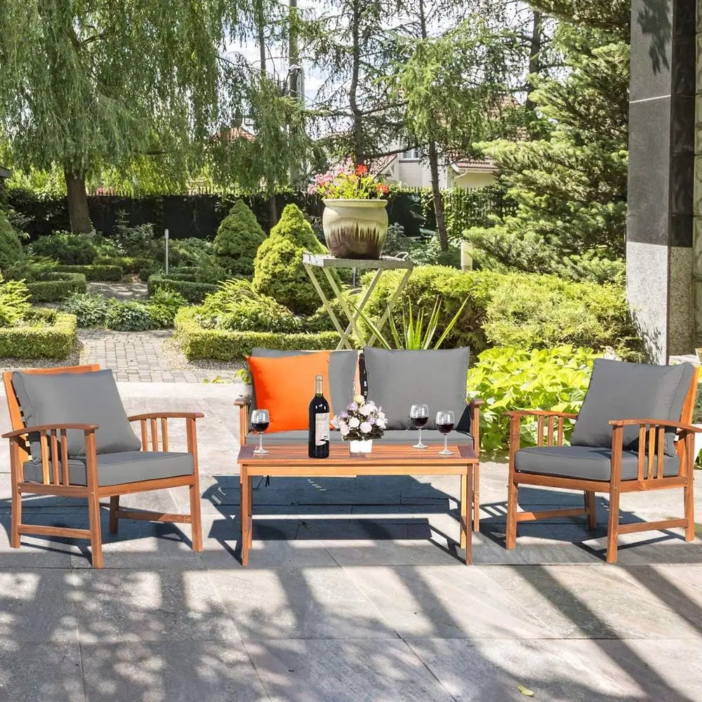 4 Piece Acacia Wood Patio Furniture Set With Coffee Table